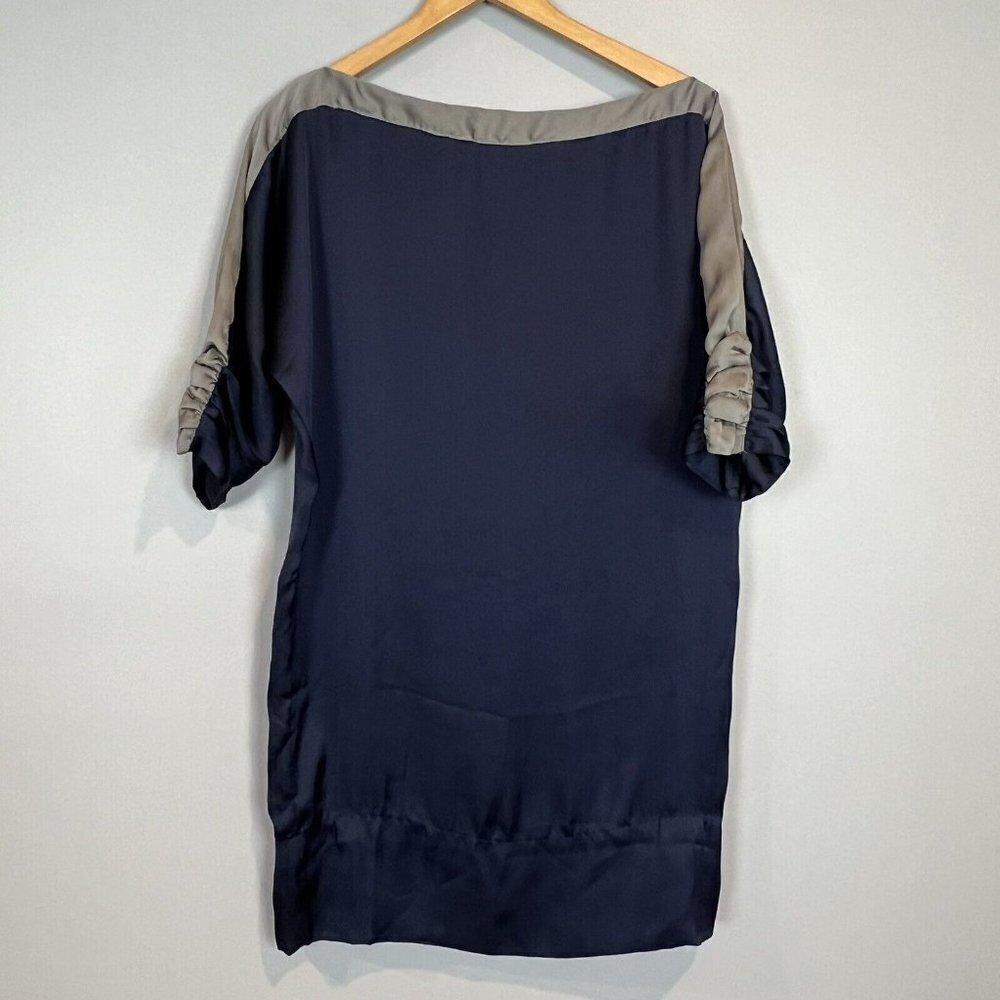 Pookie & Sebastian Navy‎ Gray Satin Shift Dress Ruched Sleeves Size Small Defect